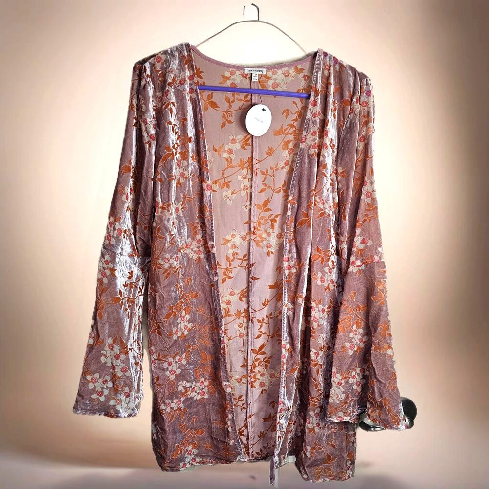 En Creme Crushed Velvet Pink Orange Kimono Cardigan Flare Sleeve Women's M - NEW